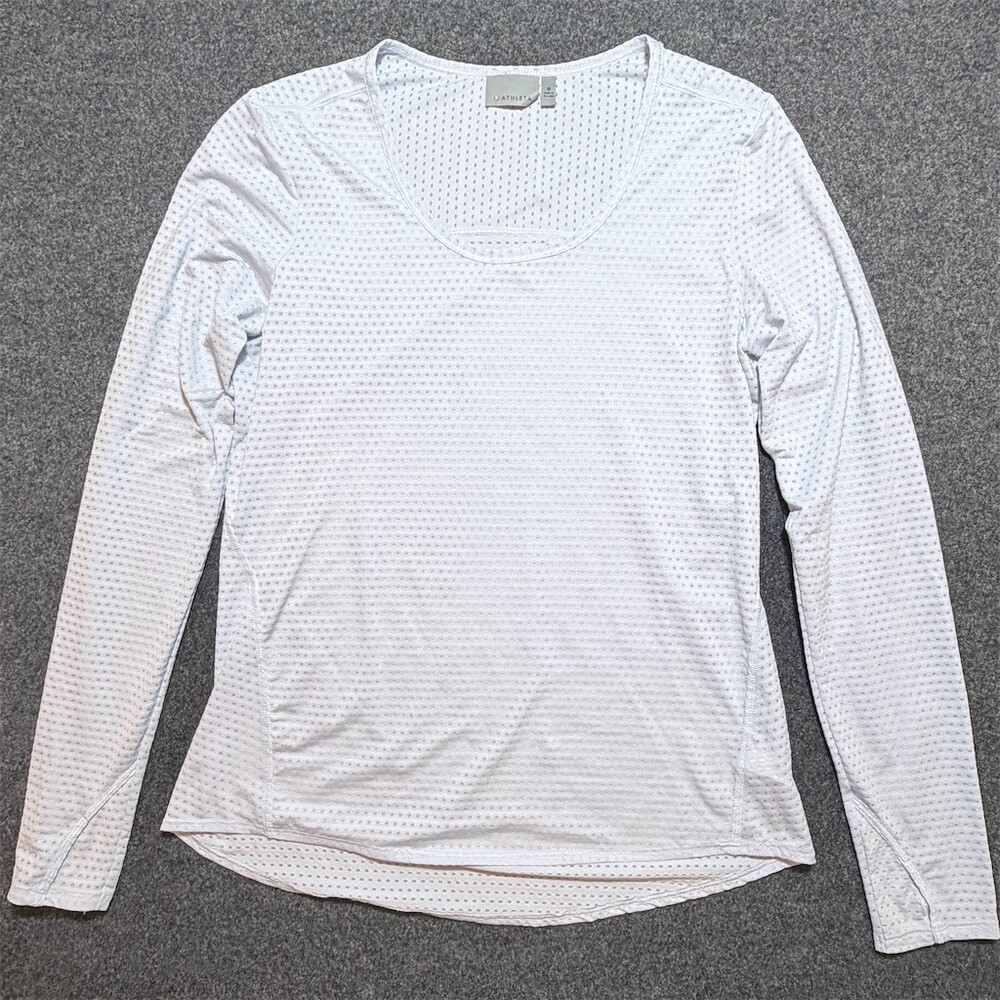 Athleta Textured Dot Chi Long Sleeve Top Womens Size M White Scoop Neck